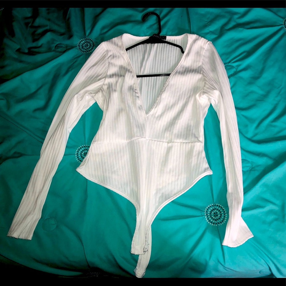 White plunge ribbed bodysuit